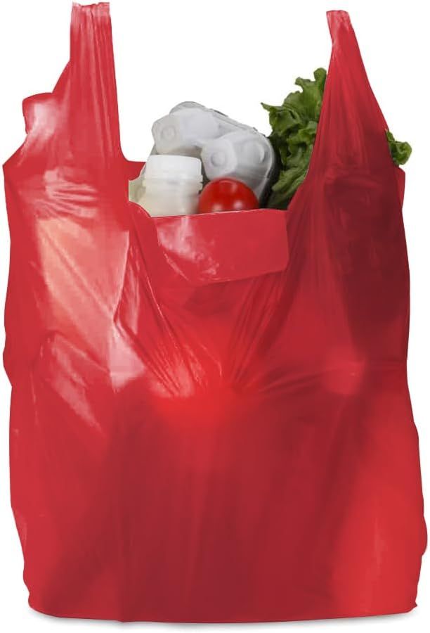 Vest Style Plastic Carrier Bags 12" x 18" x 22" Red Heavy Duty Carry Bag for Apparel Shopping Gift Boutique Groceries & Shopping