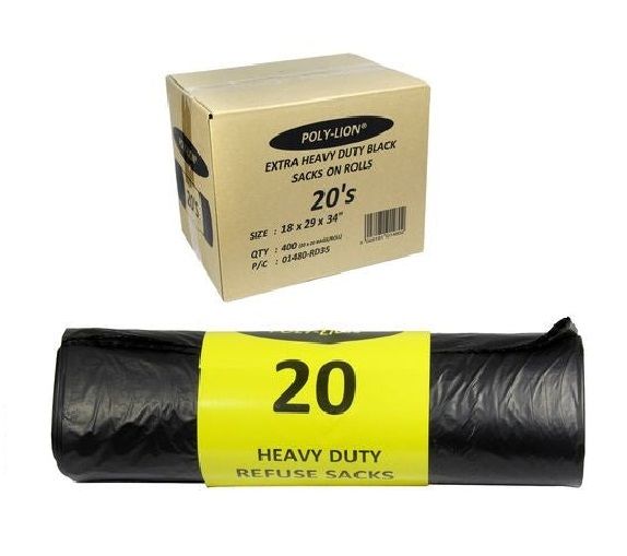 Heavy Duty Refuse Sacks Black Bin Liner Bags 29" x 34" 50ltr Capacity