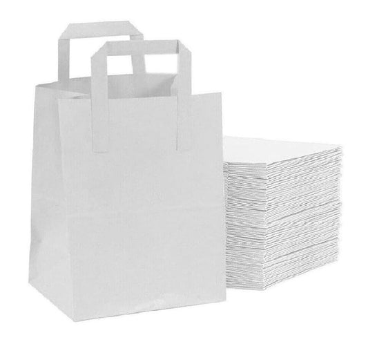 White Paper Bags with Flat Handle Kraft Shopping Carrier Bags - S / M / L / XL Sizes Available