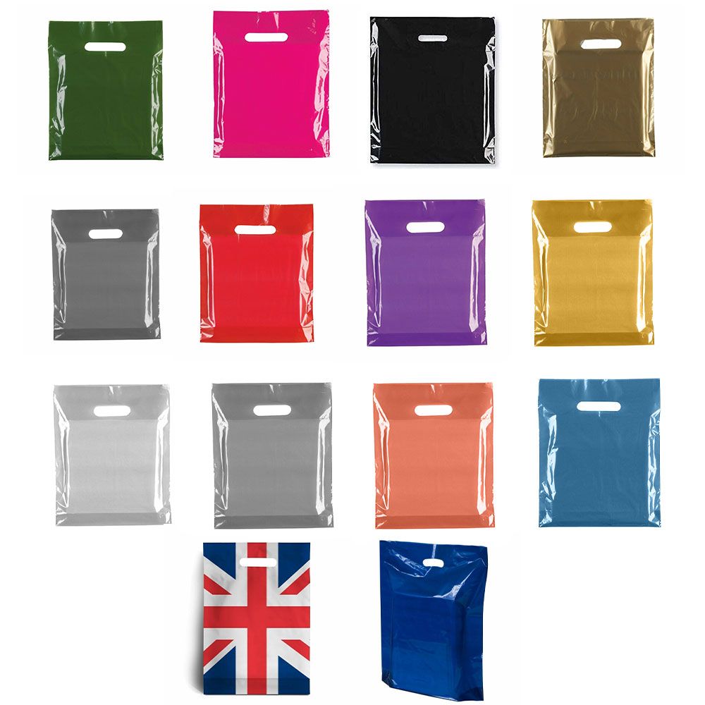 Colored Patch Handle Bags Reusable Plastic Carrier Bags for Supermarket - 15" x 18" x 3"