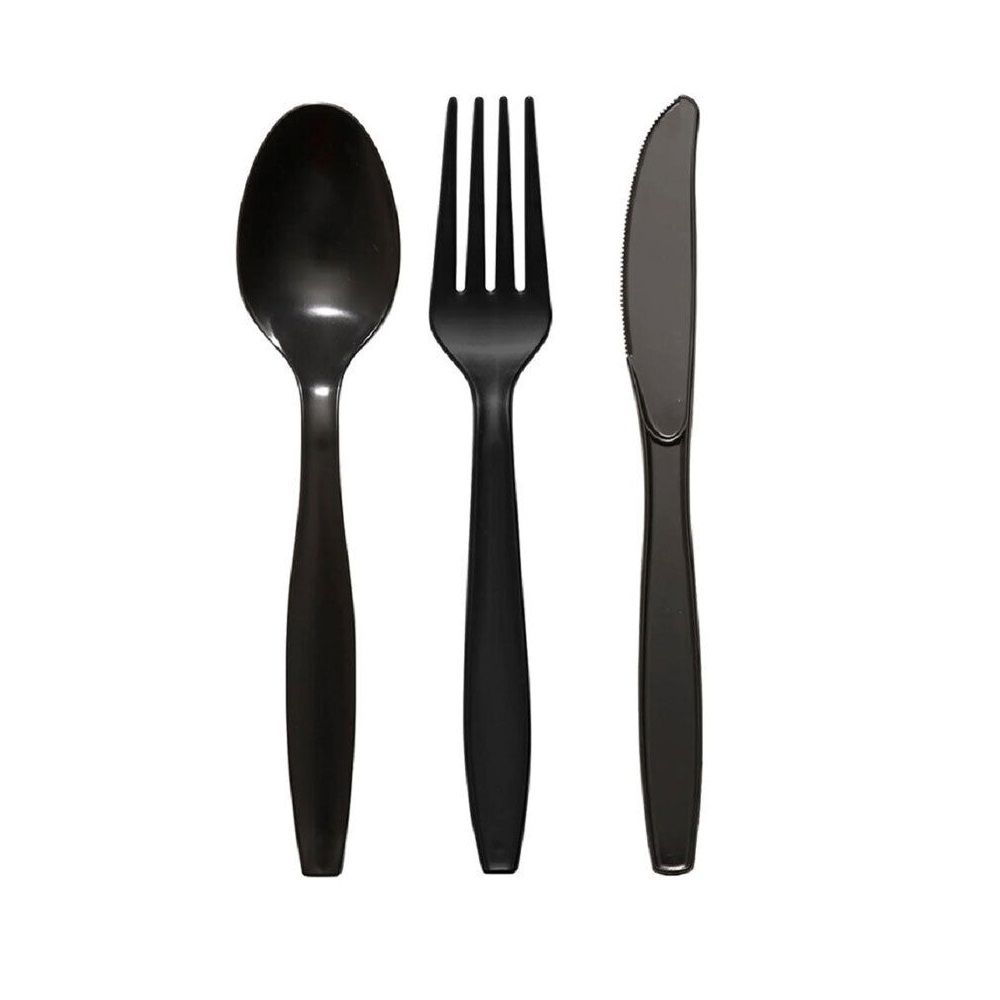 Heavy Duty Reusable Cutlery Black Plastic Forks, Spoons, Knives (Tithe)