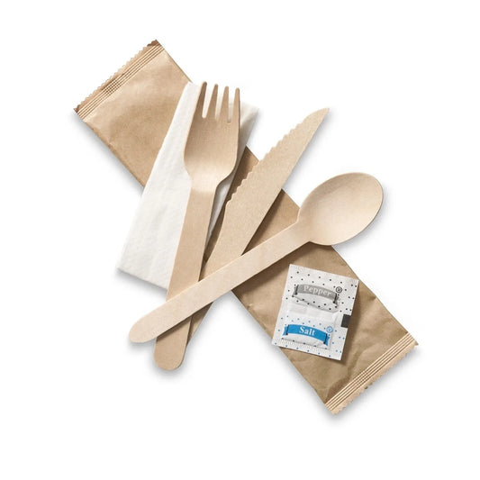 Tithe Wooden Cutlery Set 6 1 Knife Fork Spoon White Napkin Salt & Pepper Pack