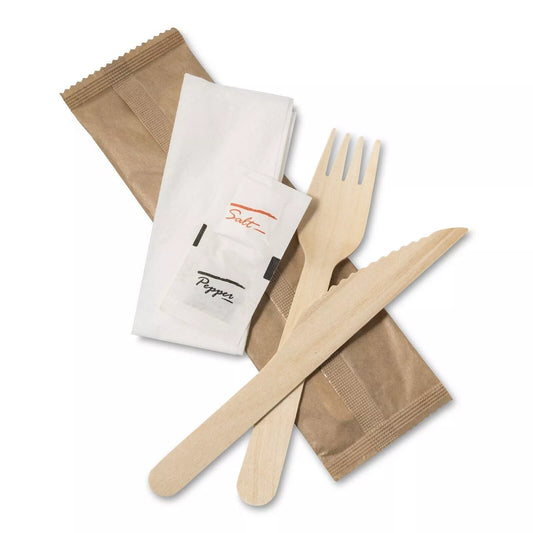 Tithe Wooden Cutlery Set of 5 1 Knife 1 Fork 1 White Napkin 1 Salt 1 Pepper