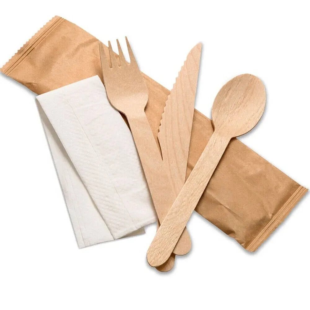 Tithe Wooden Cutlery Set of 4 1 Knife 1 Fork 1 Spoon 1 White Paper Napkin 2Ply