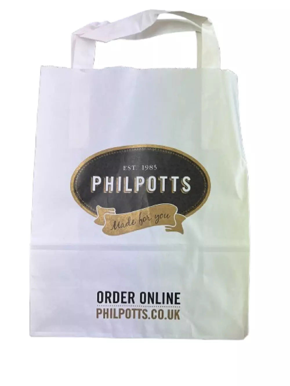 White Flat Handle Paper Bags 7" x 9" Kraft Paper Bag Phil Potts Misprinted
