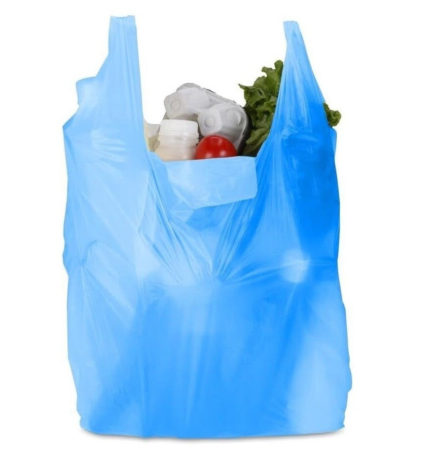 Plastic Vest Style Carrier Bags 12" x 18" x 23" 18mu Blue Reusable Carry Bag