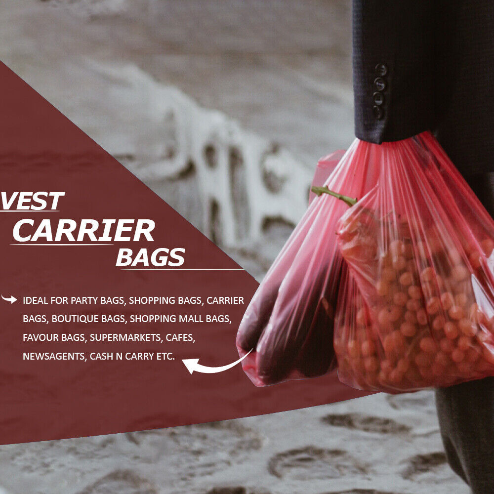 Plastic Vest Style Carrier Bags 11" x 17" x 21" 18mu Red Reusable Carry Bag