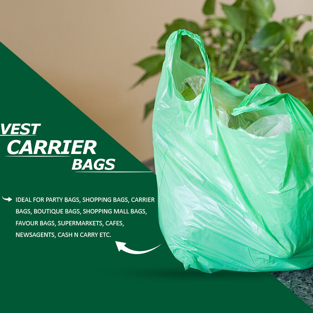 Plastic Vest Style Carrier Bags 11" x 17" x 21" 18mu Green Reusable Carry Bag