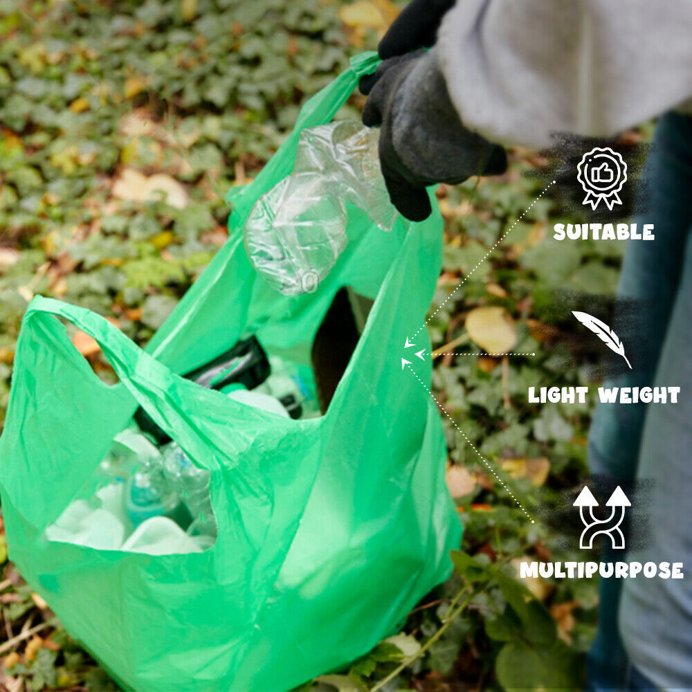 Plastic Vest Style Carrier Bags 11" x 17" x 21" 18mu Green Reusable Carry Bag