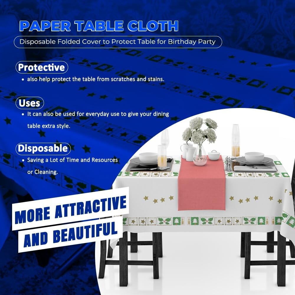 Christmas Paper Table Cloth White Tree Star Printed Disposable Square 90cm Table