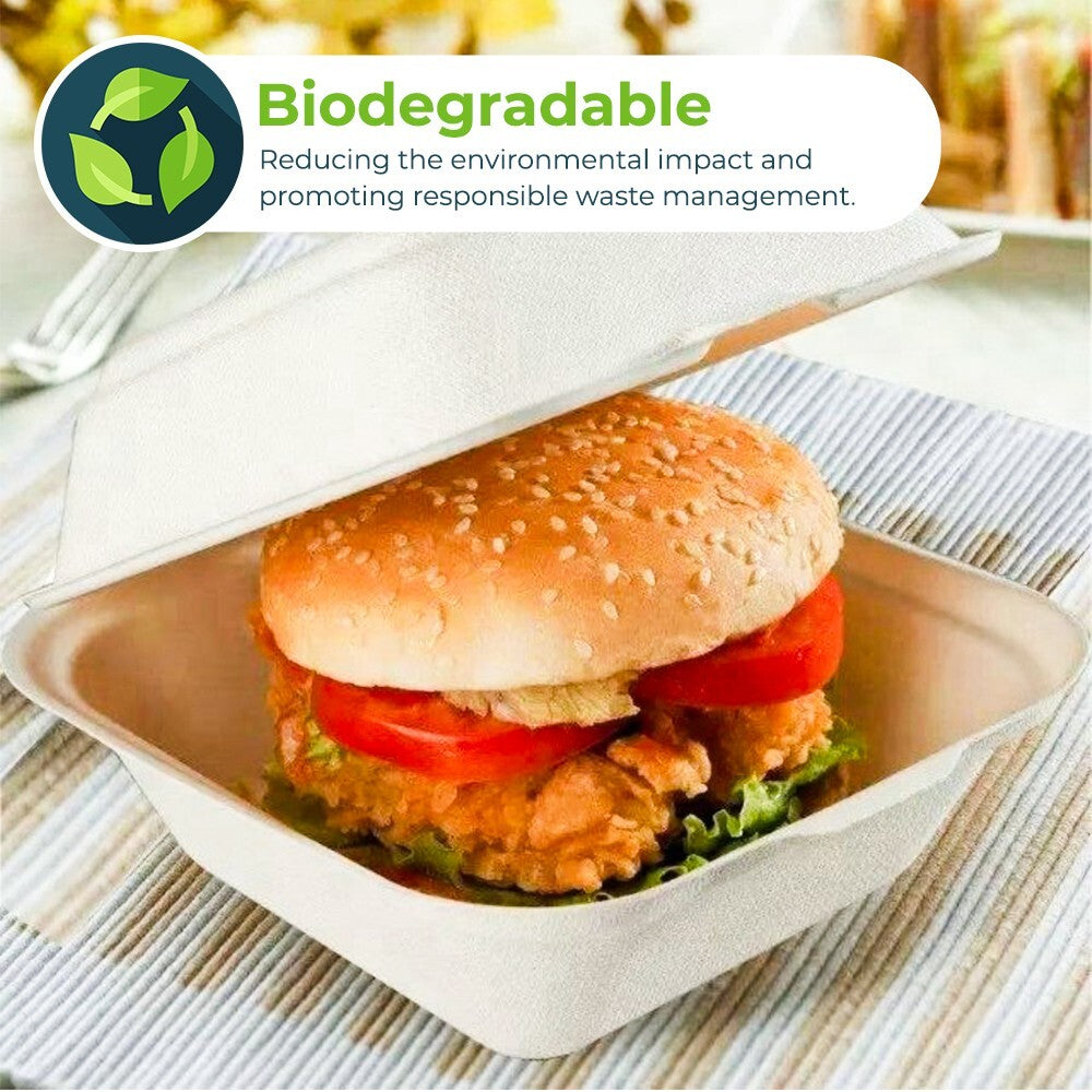 500 x Burger Boxes 6" (450ml) Biodegradable Bagasse Takeaway Container