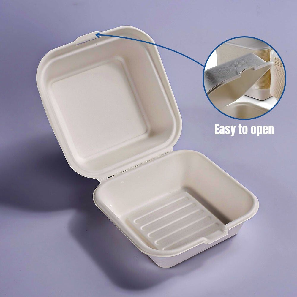 500 x Burger Boxes 6" (450ml) Biodegradable Bagasse Takeaway Container