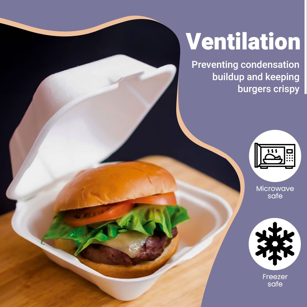 100 x Burger Boxes 6" (450ml) Biodegradable Bagasse Takeaway Container