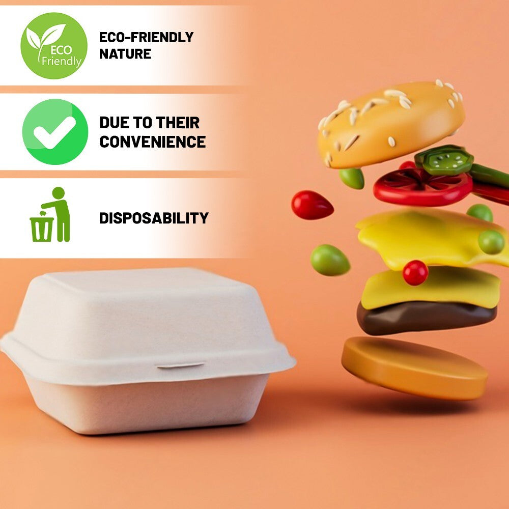 100 x Burger Boxes 6" (450ml) Biodegradable Bagasse Takeaway Container