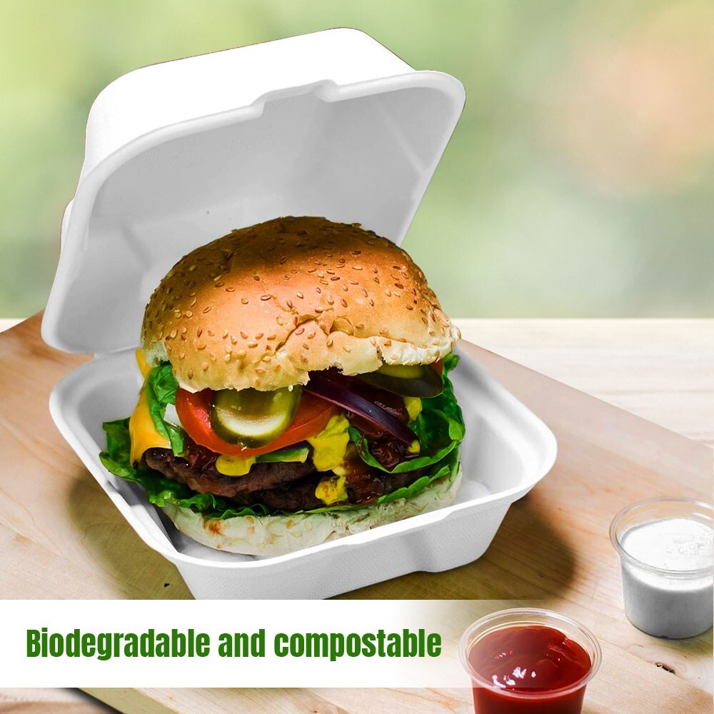 50 x Burger Boxes 6" (450ml) Biodegradable Bagasse Takeaway Container