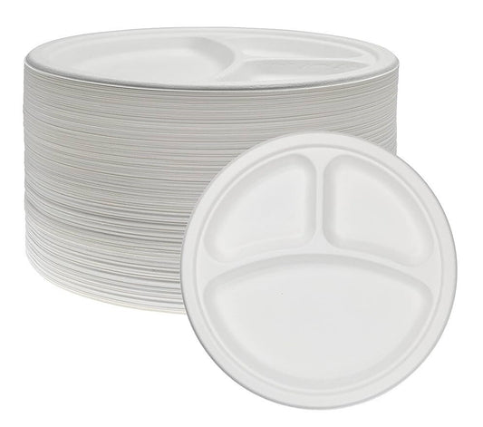 50 x Compartment Plates 10" (26cm) Reusable 3 Section White Plastic Plate