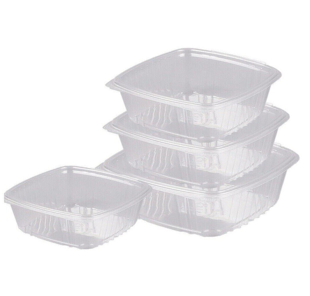 100 x Hinged lid Salad Container 375cc Clear Plastic Food Takeaway Storage