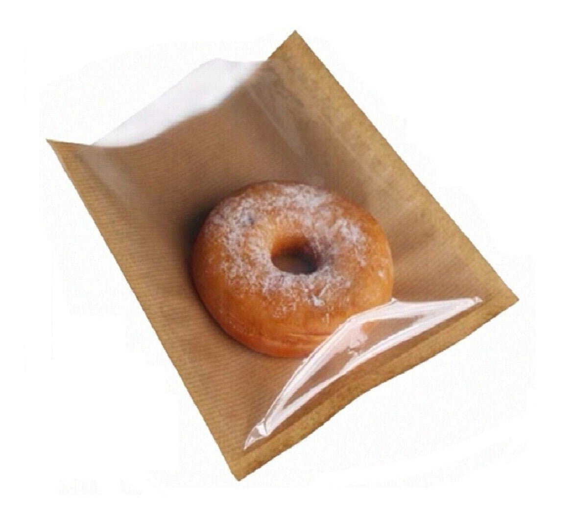 2000 x Film Fronted Clear Window Paper Bags 10" x 10" Brown Food Display Bags