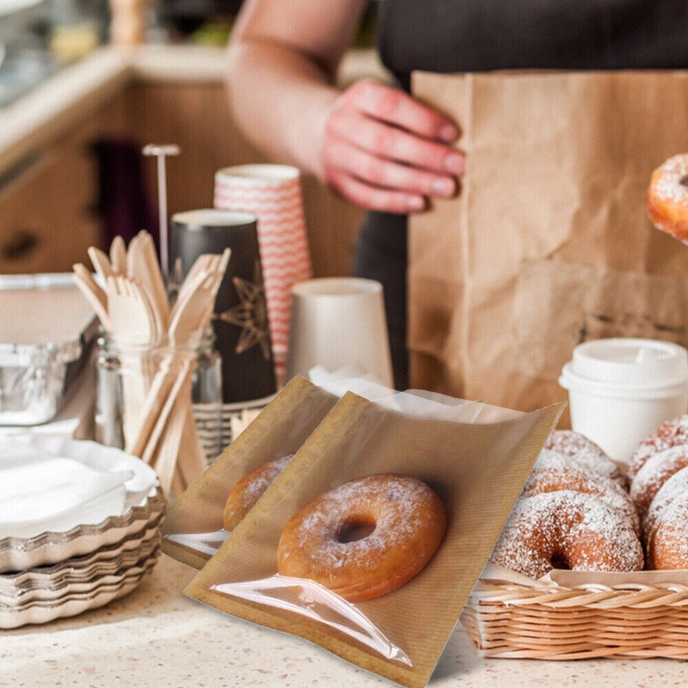 1000 x Film Fronted Clear Window Paper Bags 10" x 10" Brown Food Display Bags