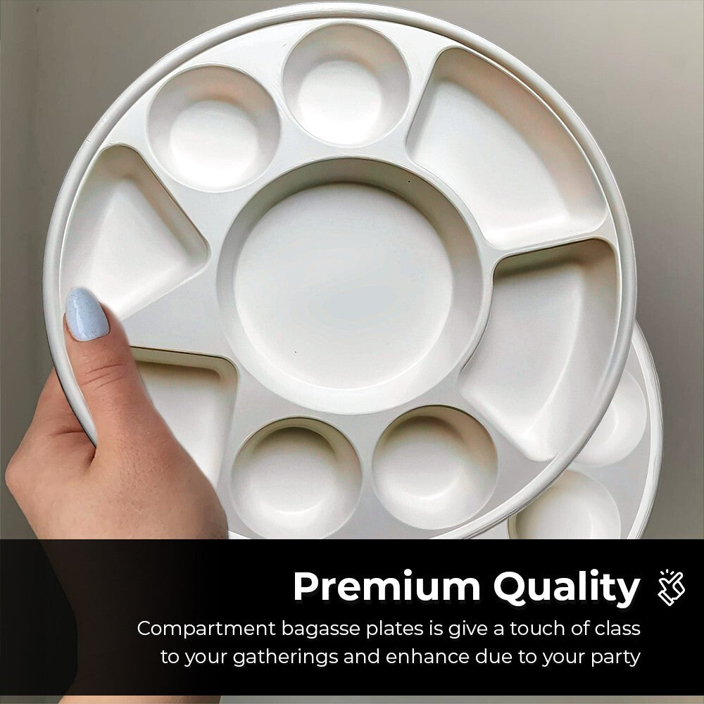 140 x Bagasse Compartment Plate 12" (30cm) Sugarcane White 9 Section Dishes