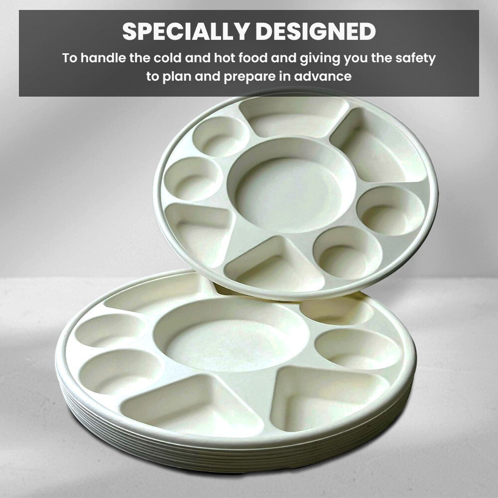 40 x Bagasse Compartment Plate 12" (30cm) Sugarcane White 9 Section Dishes