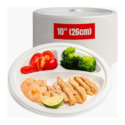 1000 x Bagasse Section Plates 10" (26cm) Biodegradable White Compartment Plate