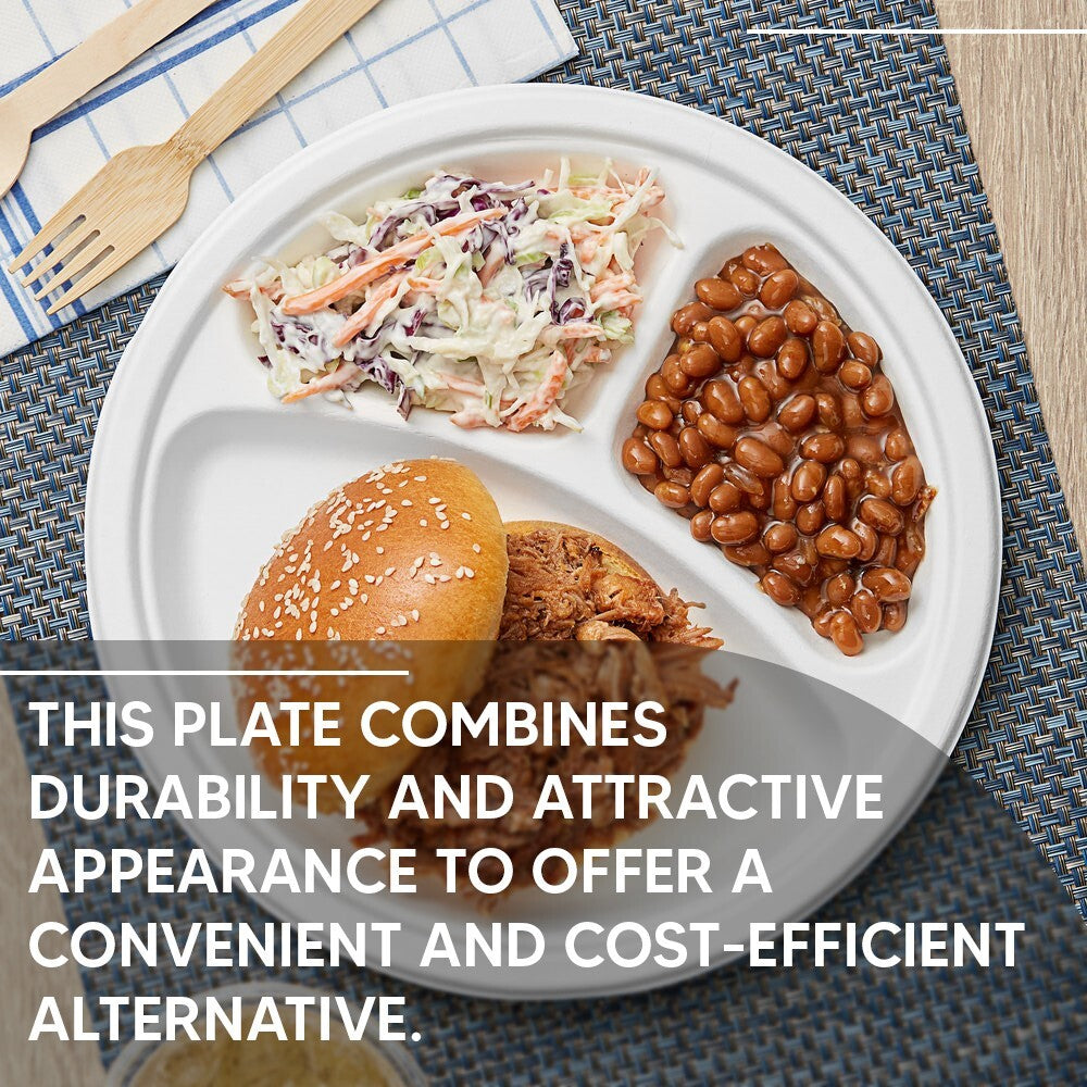 1000 x Bagasse Section Plates 10" (26cm) Biodegradable White Compartment Plate