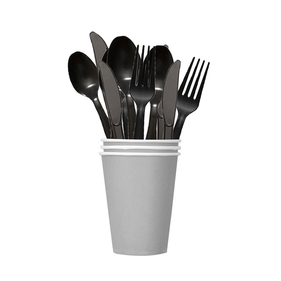 Tithe Heavy Duty Plastic Spoons Knives Forks Black Reusable Mix Cutlery Set