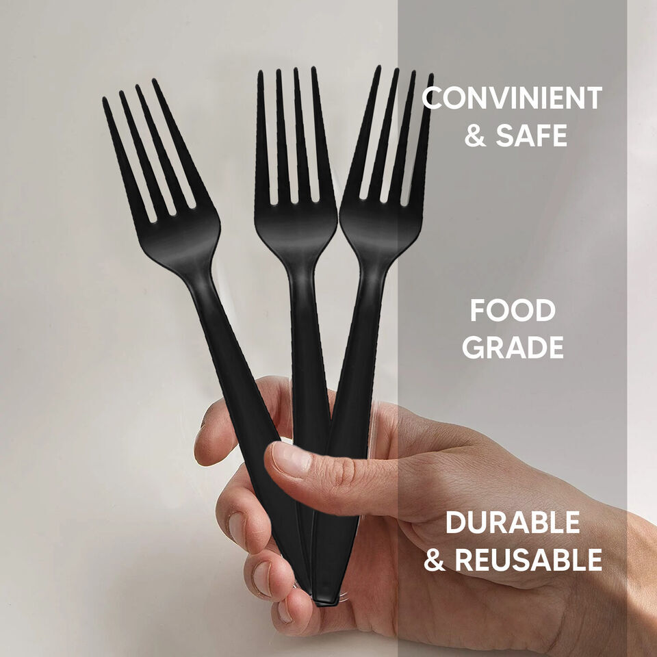 Tithe Heavy Duty Plastic Spoons Knives Forks Black Reusable Mix Cutlery Set