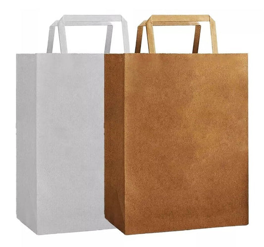 25 x Flat Handle Paper Bags S-M-L Kraft Paper Carrier Bag for Shopping Takeaway