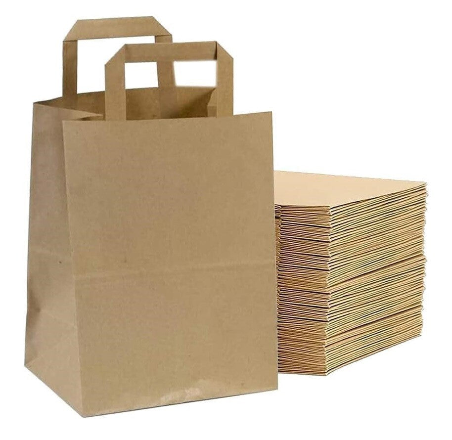 25 x Flat Handle Paper Bags S-M-L Kraft Paper Carrier Bag for Shopping Takeaway