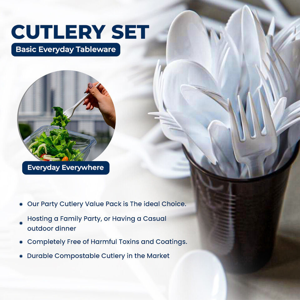 Tithe Heavy Duty Plastic Spoons Knives Forks White Reusable Mix Cutlery Set