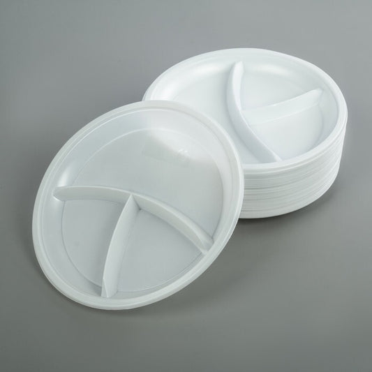 3 Section Plastic Plates 10" (26cm) Reusable White Plate for Dinner Breakfast