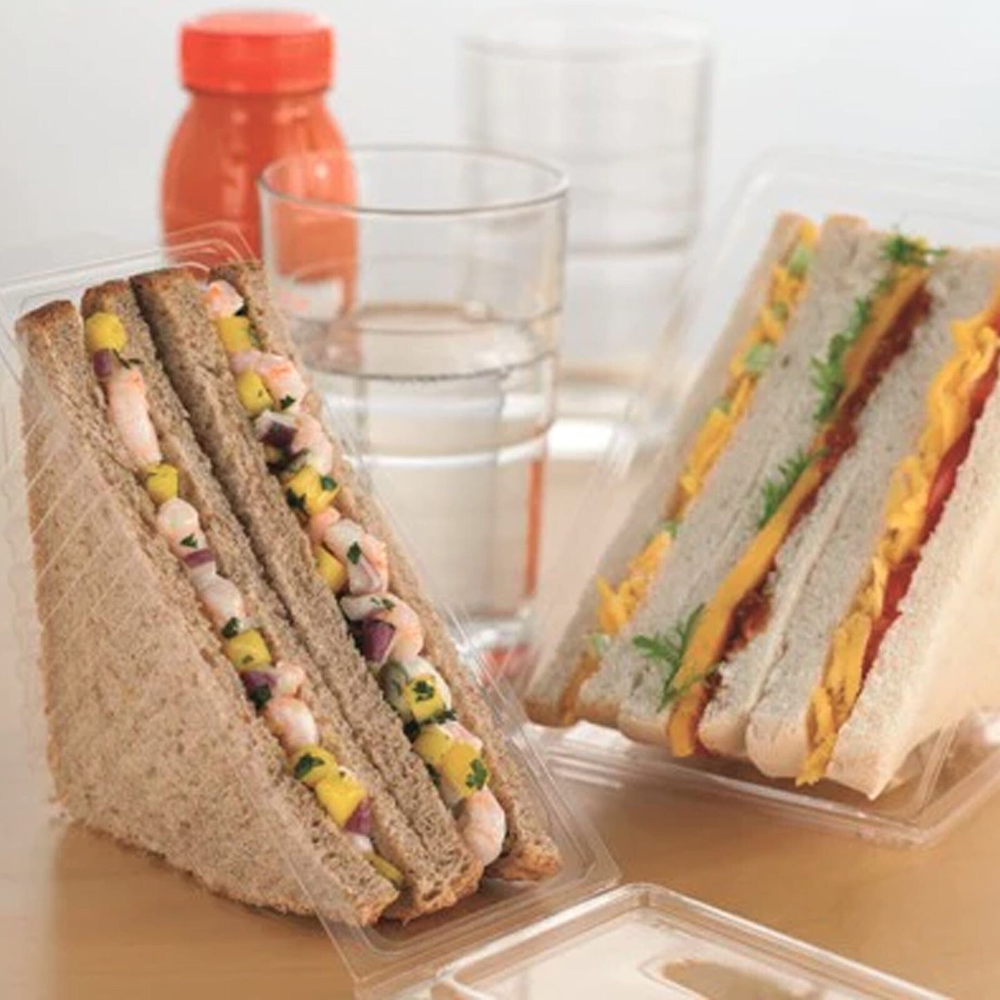 Hinged Lid Sandwich Wedges Clear Plastic Container Boxes 11cm x 11cm x 6cm