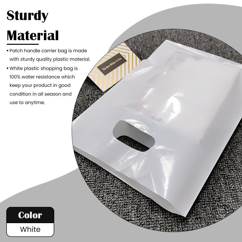 Patch Handle Carrier Bags 12" x 12" x 4" Plastic White Takeaway Cloths Carry Bag