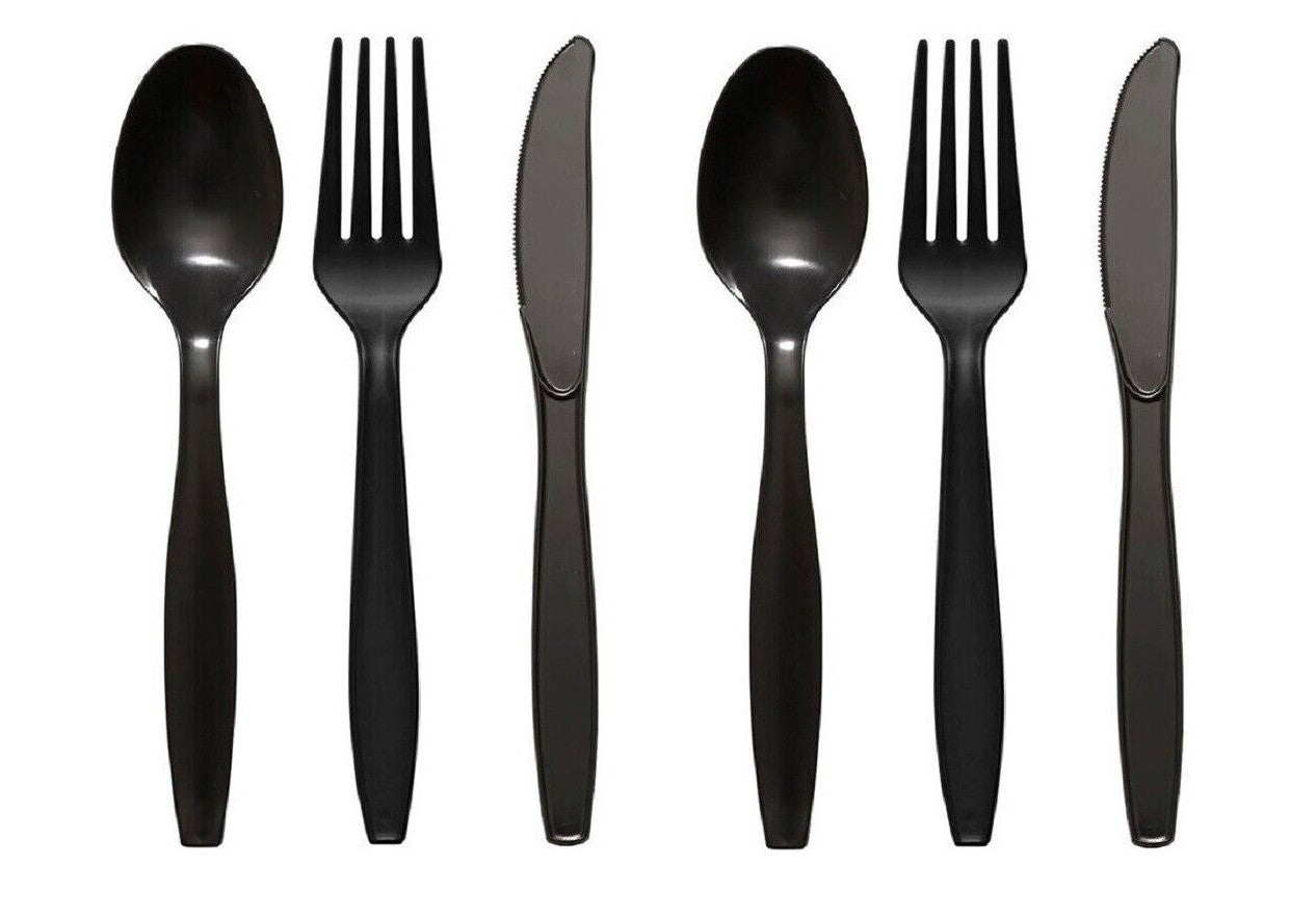 Heavy Duty Plastic Spoons Knives Forks Black Reusable Mix Cutlery Set