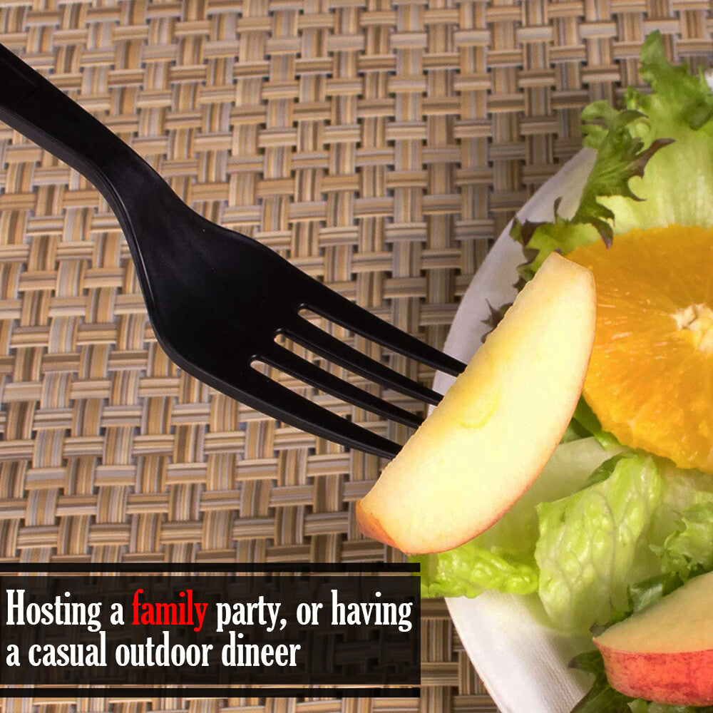 Heavy Duty Plastic Spoons Knives Forks Black Reusable Mix Cutlery Set