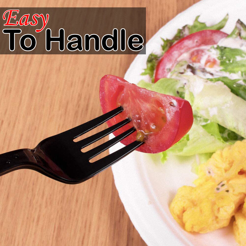 Heavy Duty Plastic Spoons Knives Forks Black Reusable Mix Cutlery Set