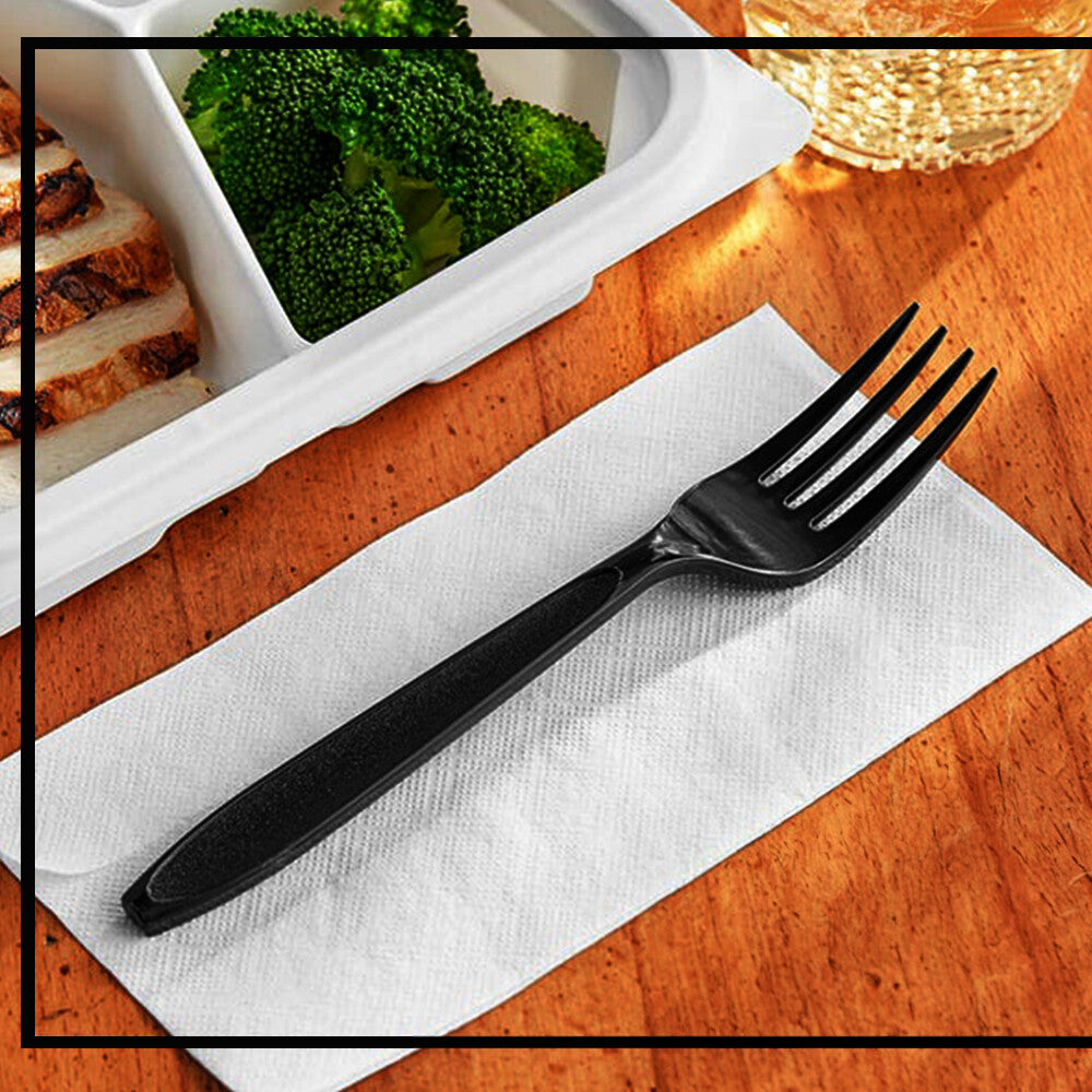 Heavy Duty Plastic Spoons Knives Forks Black Reusable Mix Cutlery Set