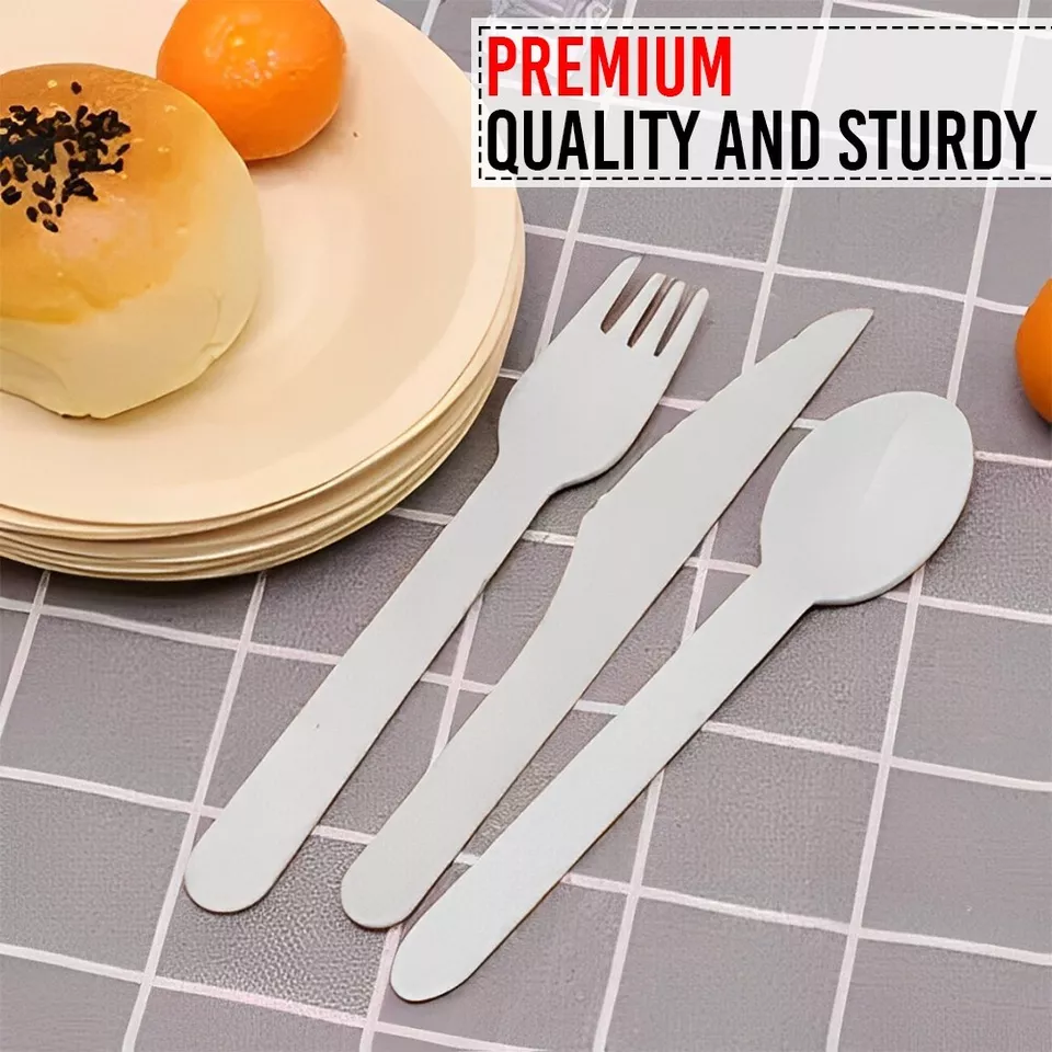 White Biodegradable Bagasse Cutlery Set Lightweight Spoons Forks Knives Set