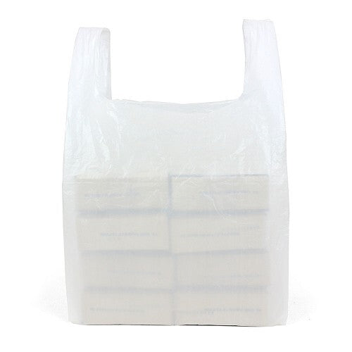 100 x Plastic Vest Style Carrier Bags 10" x 15" x 18" 10mu White Reusable Bag