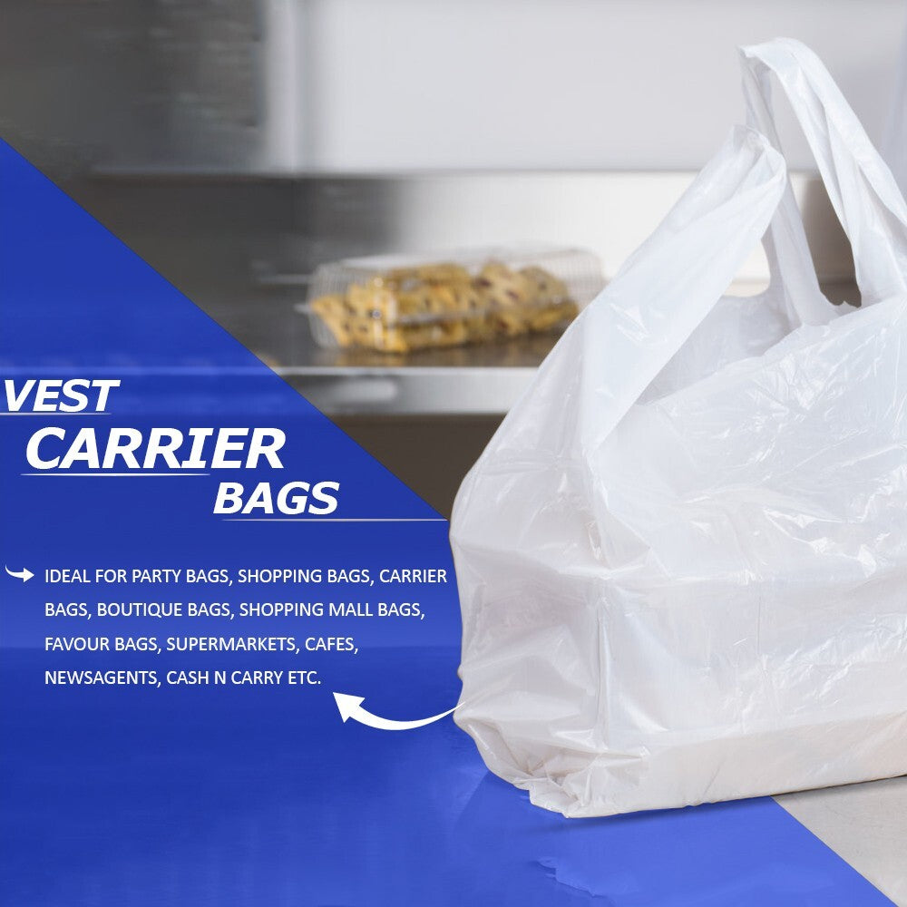 100 x Plastic Vest Style Carrier Bags 10" x 15" x 18" 10mu White Reusable Bag