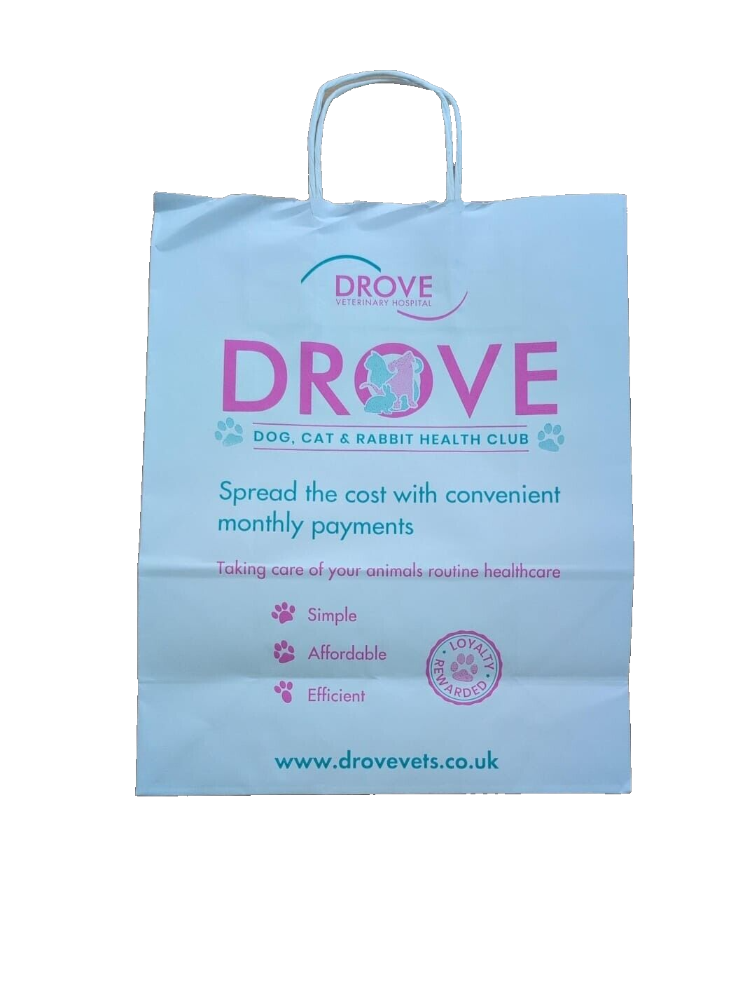 300 x Paper Bags with Rope Handle White Drove Pet Bags 33cm x 26cm x 12cm