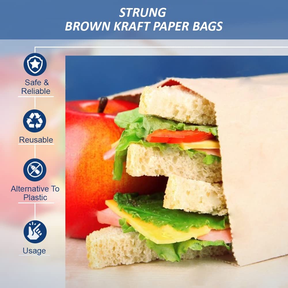 Venuscello® 100 x Kraft Paper Bags 10" x 12" Sulphite Strung Brown Food Bag for Sandwich Candy Cookies & Grocery