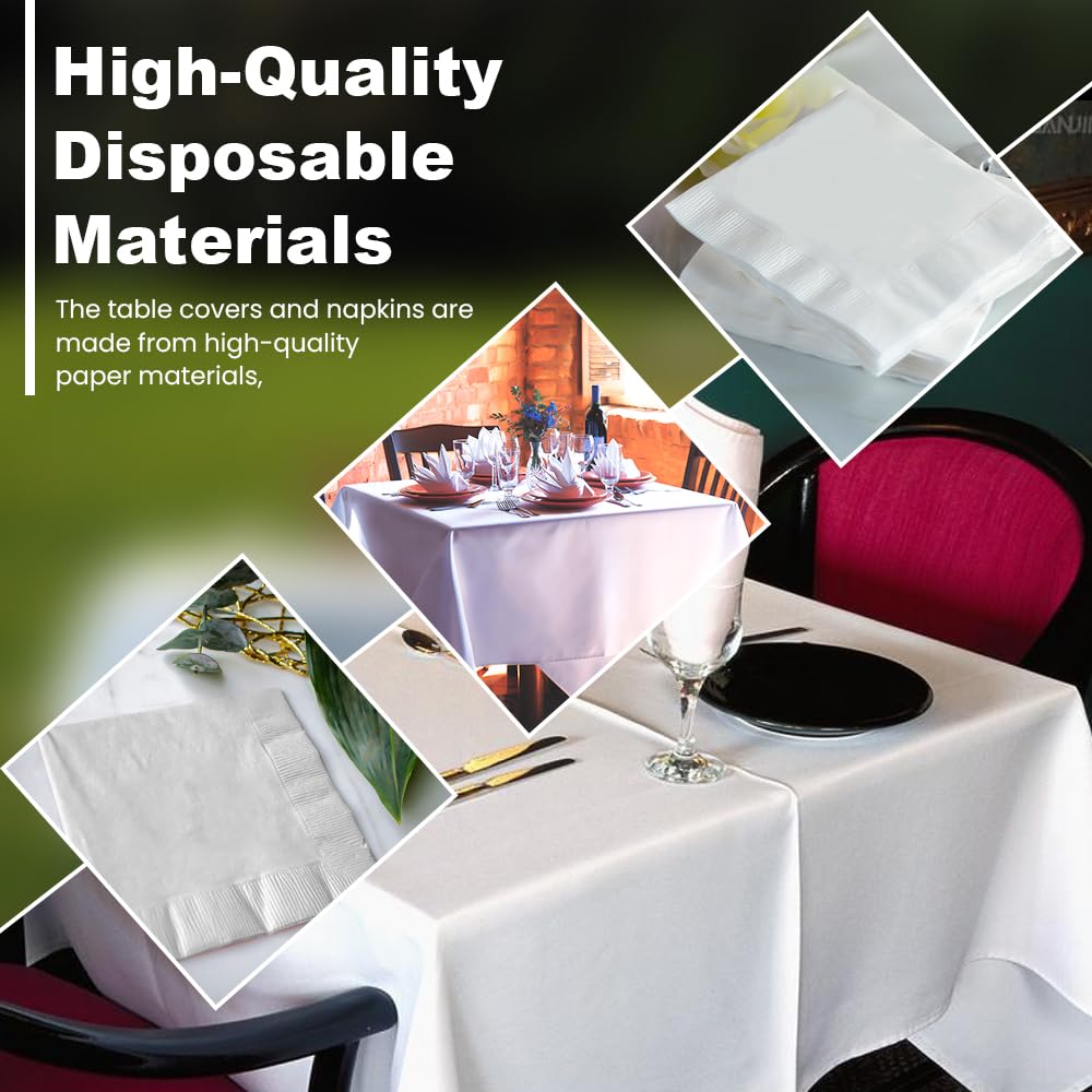 Venuscello 2 x White Paper Table Cover Cloths Disposable Square 90 x 90 cm with Matching Pack of 100 White 2 Ply 33cm Paper Napkins for Birthday Parties Perfect Combo for Catering Supply