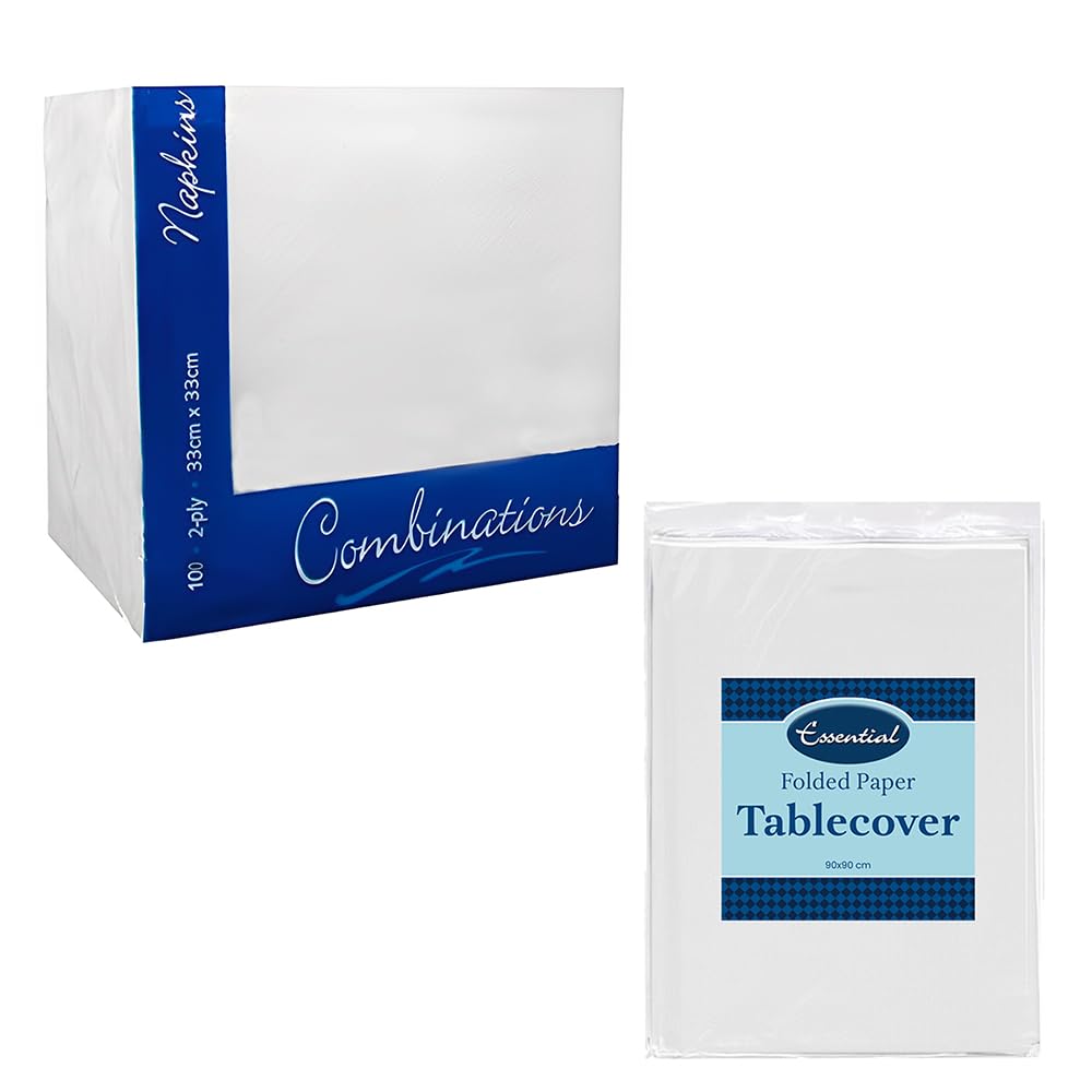 Venuscello 2 x White Paper Table Cover Cloths Disposable Square 90 x 90 cm with Matching Pack of 100 White 2 Ply 33cm Paper Napkins for Birthday Parties Perfect Combo for Catering Supply