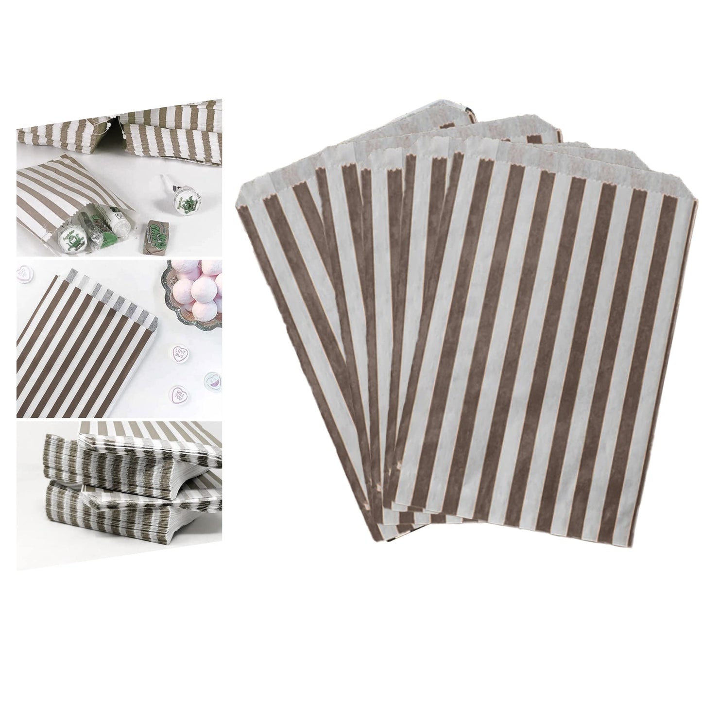 Venuscello® 100 x Candy Bags Brown Striped Sweet Paper Bag 5" x 7" for Sweets Christmas Party Halloween Wedding & Baby Shower