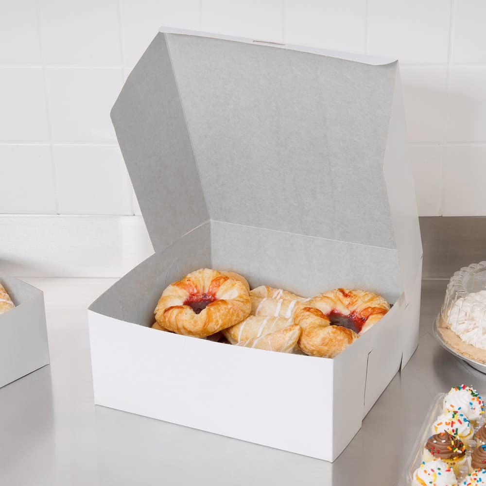 Venuscello® 200 x Cake Box Fold Flat Cardboard 12" X 12" X 4" Storage Container for Store Cup Cake Pastry Muffins, Dessert, Cookies & More - Disposable White