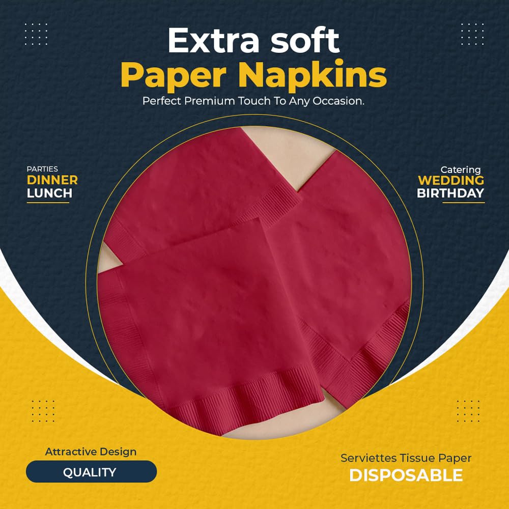 Venuscello® 2000 x Paper Napkins Burgundy 23cm Serviettes Tissue Paper Disposable Recyclable Napkin for Catering Wedding Birthday Parties Buffet Table