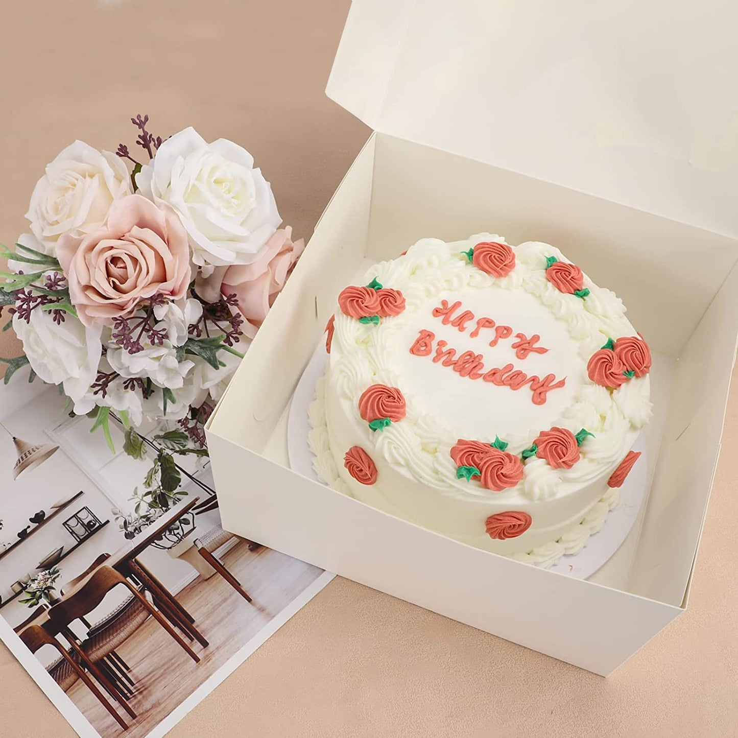 Venuscello® 250 x Cake Box Fold Flat Cardboard 8" X 8" X 3" Storage Container for Store Cup Cake Pastry Muffins, Dessert, Cookies & More - Disposable White